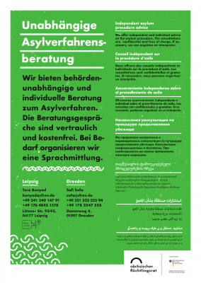 Information poster about the Asylum Procedure Counseling project in multiple languages